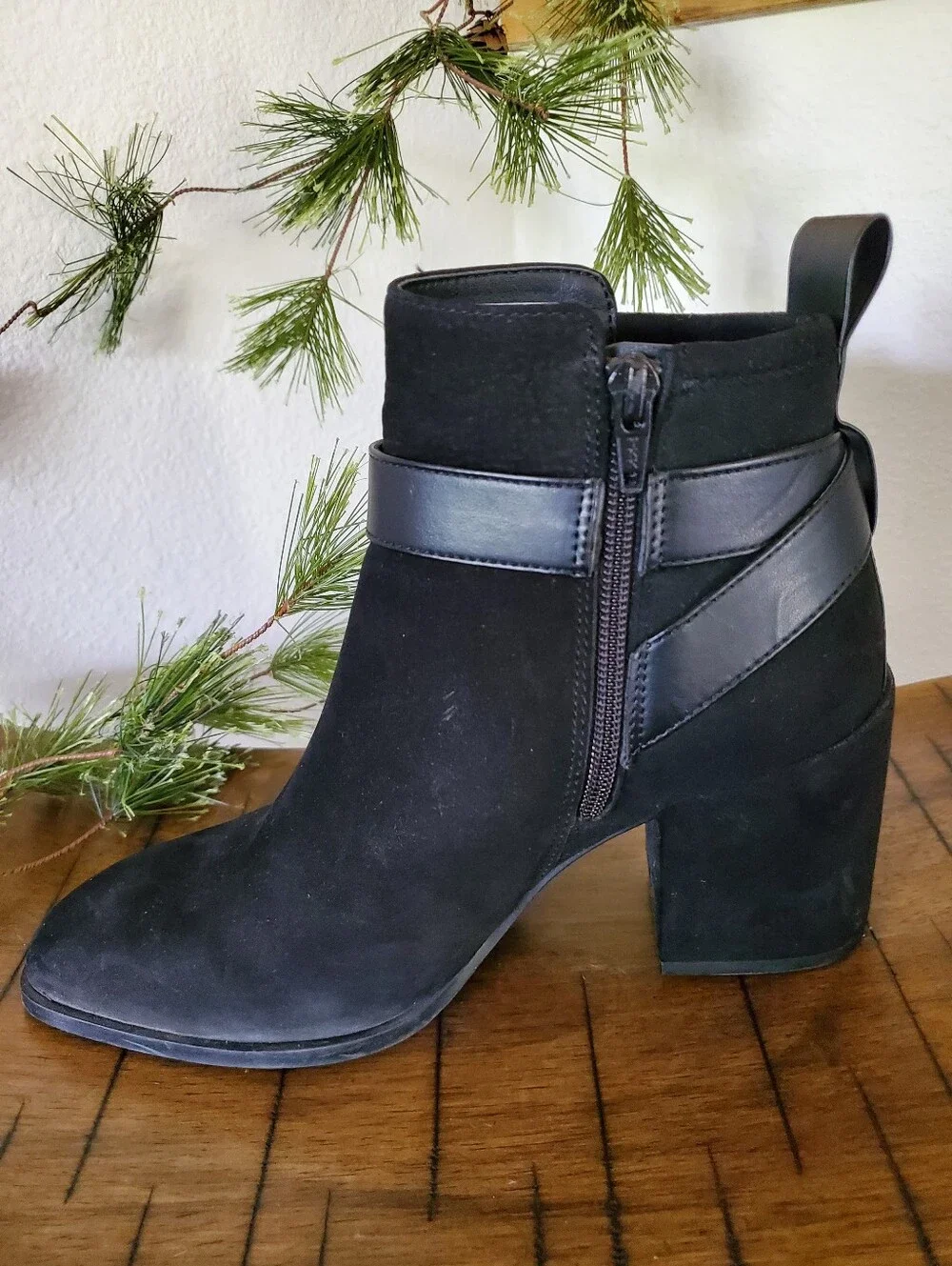 Vionic Tenley Square Toe Black Suede Ankle Booties Strap Buckle